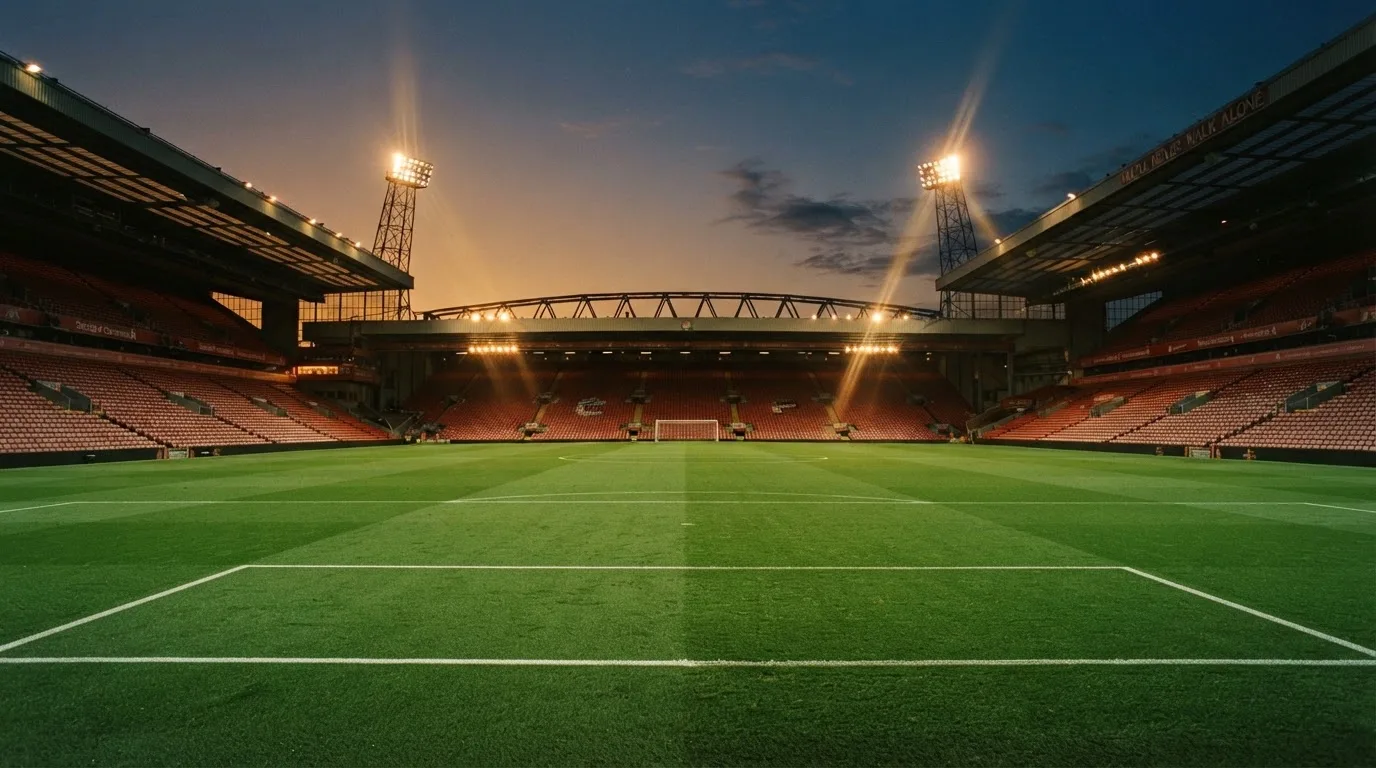 An empty football stadium with floodlight masts at dusk