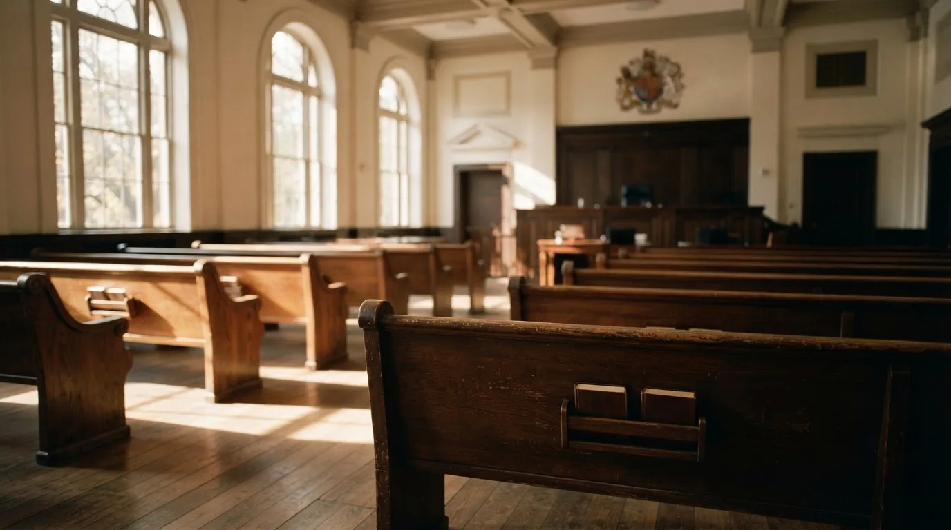 An empty courtroom with wooden benches in morning light
