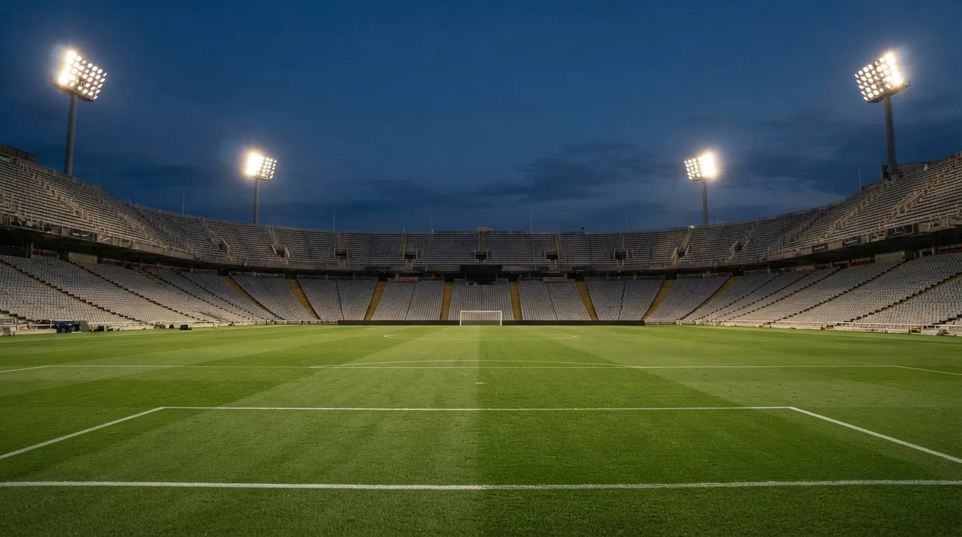 An empty football stadium with floodlight masts at dusk