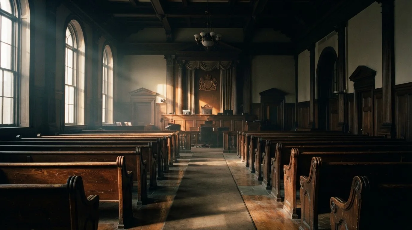 An empty courtroom with wooden benches in morning light