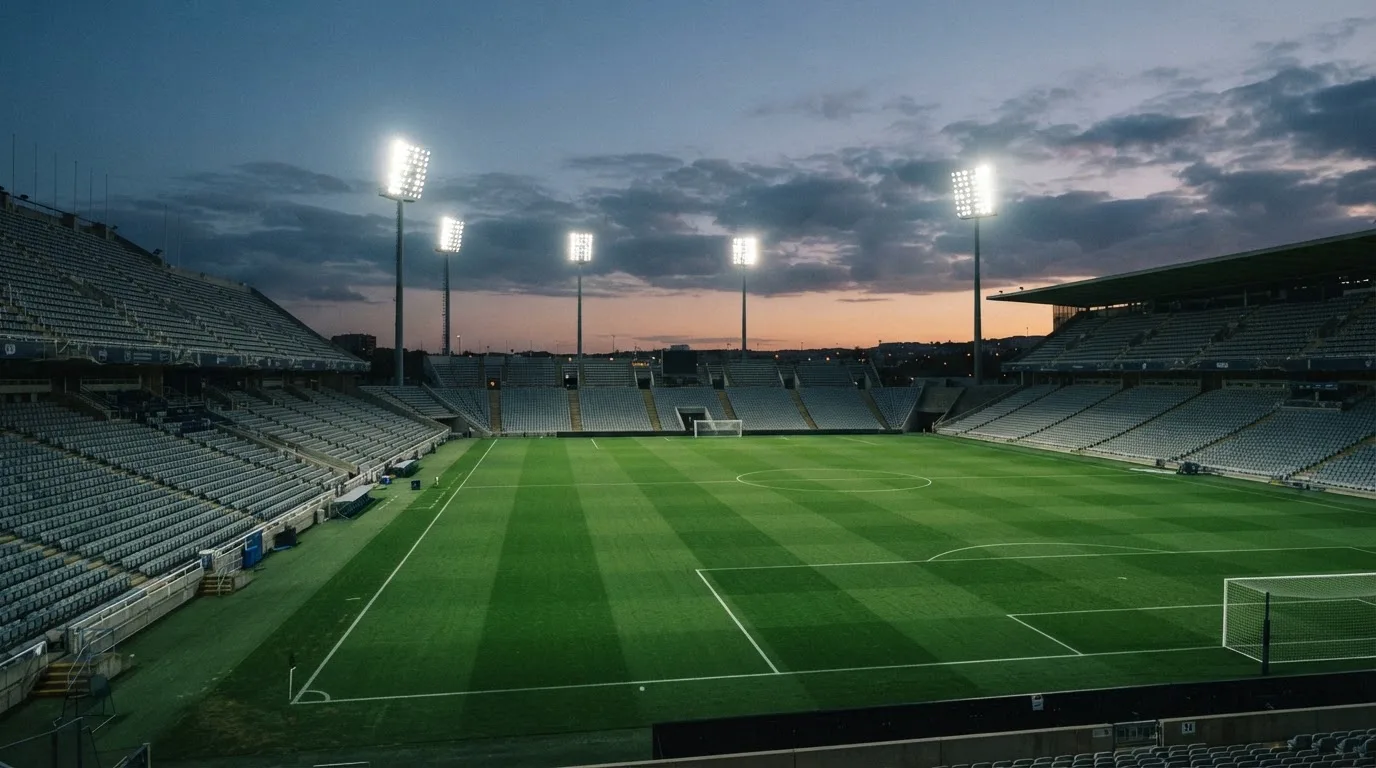 An empty football stadium with floodlight masts at dusk