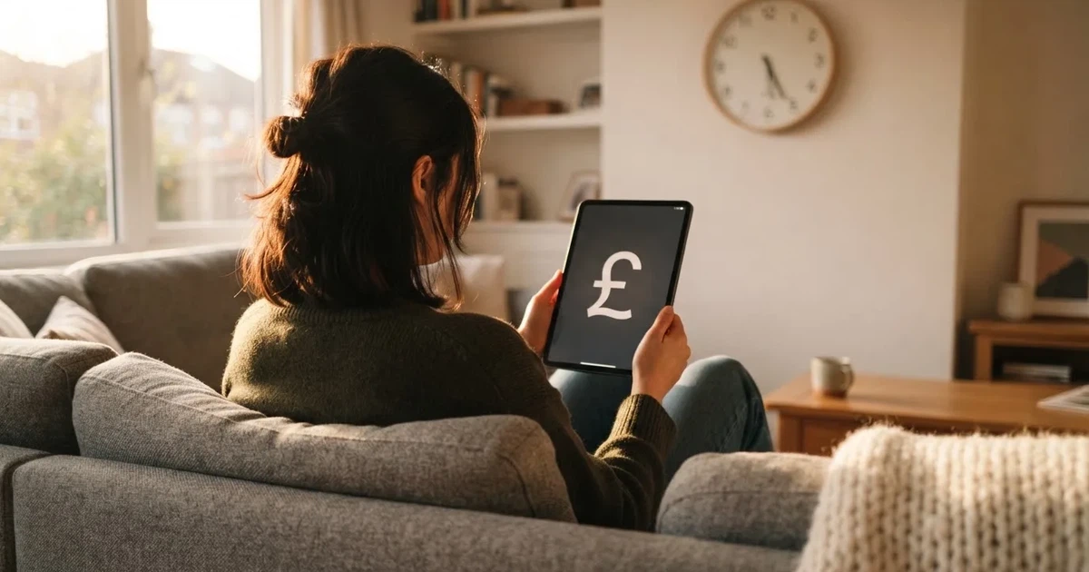 A person on a sofa looking thoughtfully at a tablet, a wall clock in the background