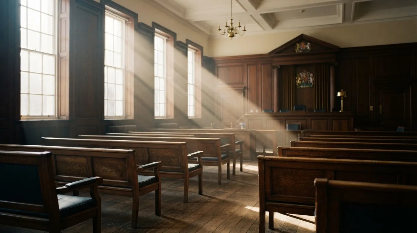 An empty courtroom with wooden benches in morning light