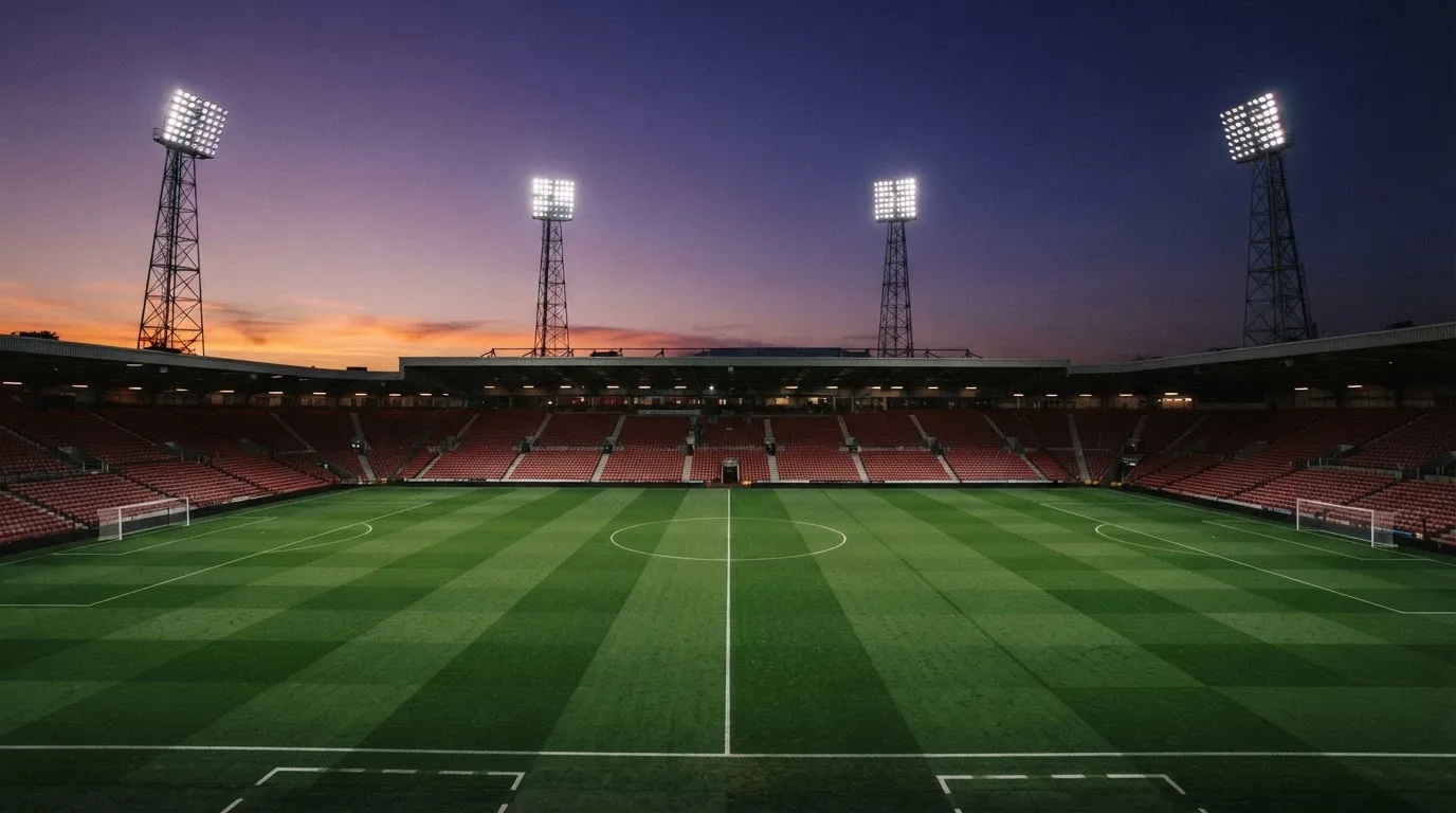 An empty football stadium with floodlight masts at dusk