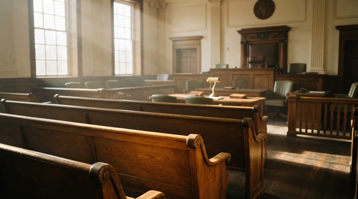 An empty courtroom with wooden benches in morning light