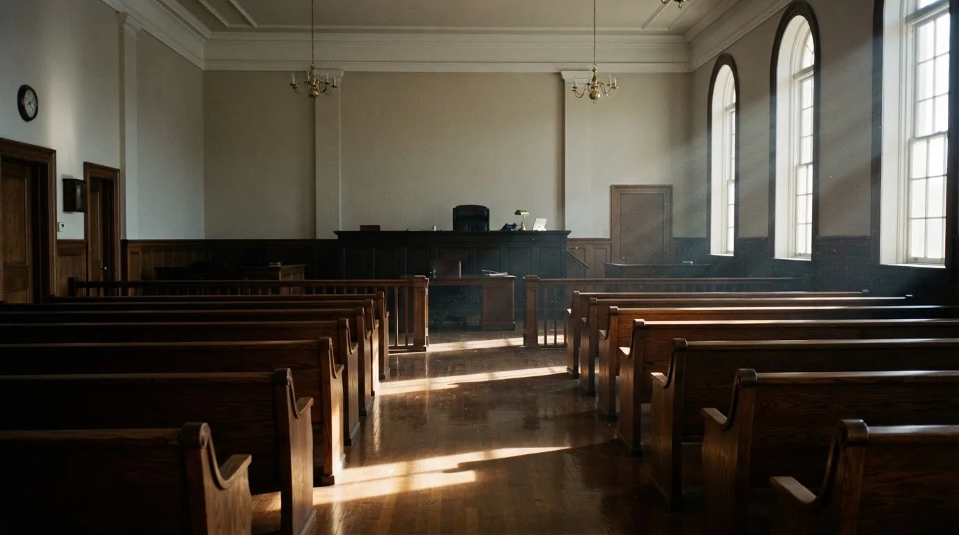An empty courtroom with wooden benches in morning light
