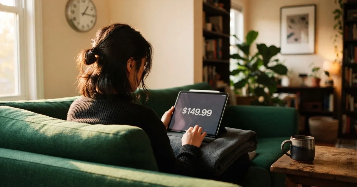 A person on a sofa looking thoughtfully at a tablet, a wall clock in the background