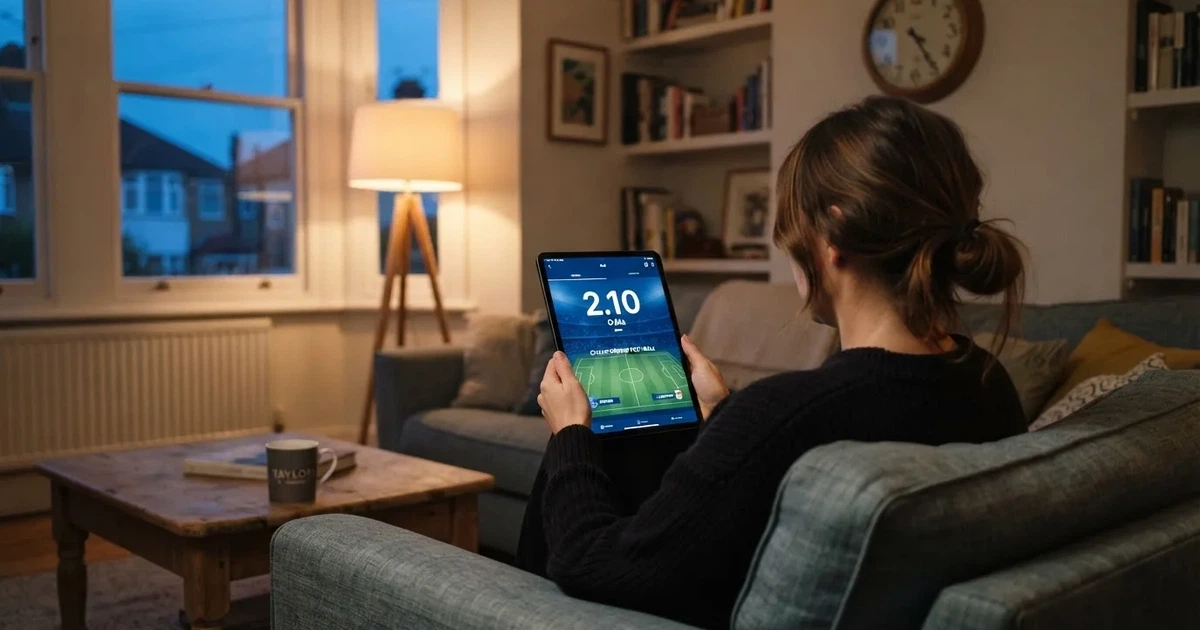 A person on a sofa looking thoughtfully at a tablet, a wall clock in the background