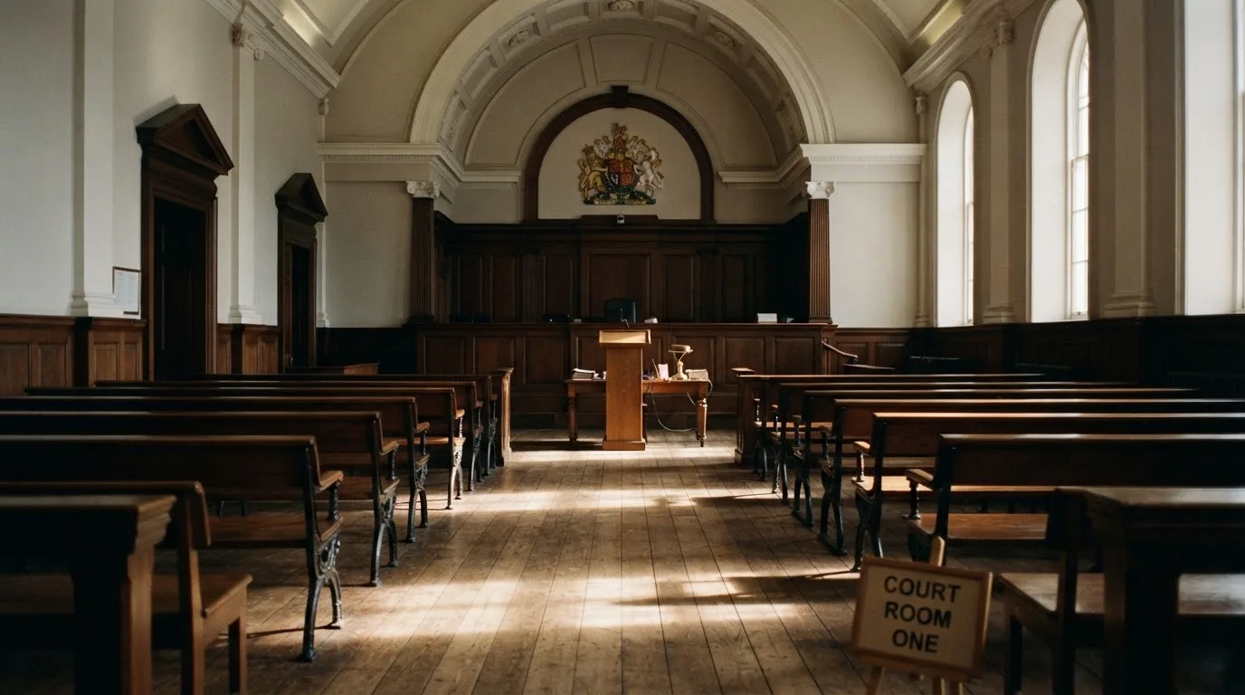 An empty courtroom with wooden benches in morning light