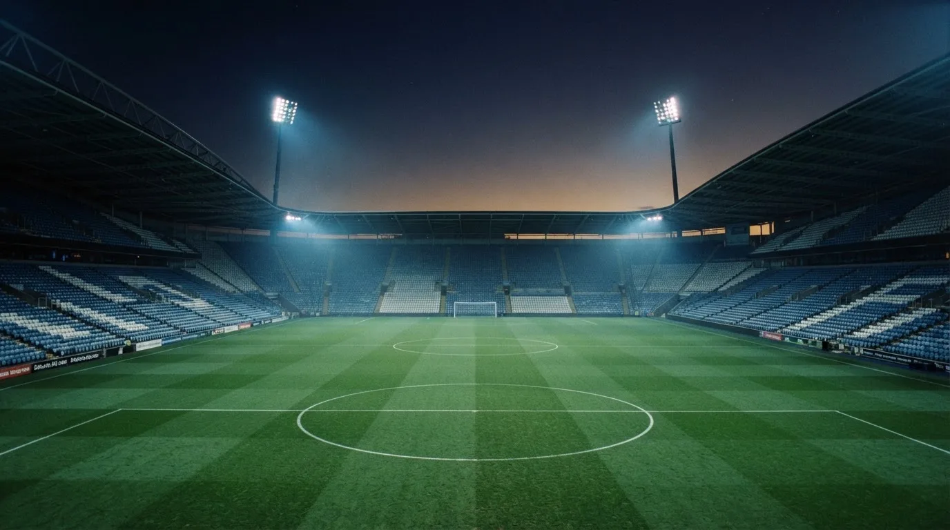 An empty football stadium with floodlight masts at dusk