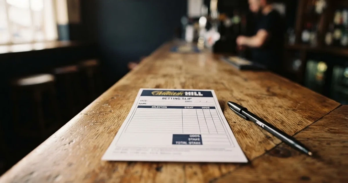 A blank paper betting slip beside a pen on a wooden counter