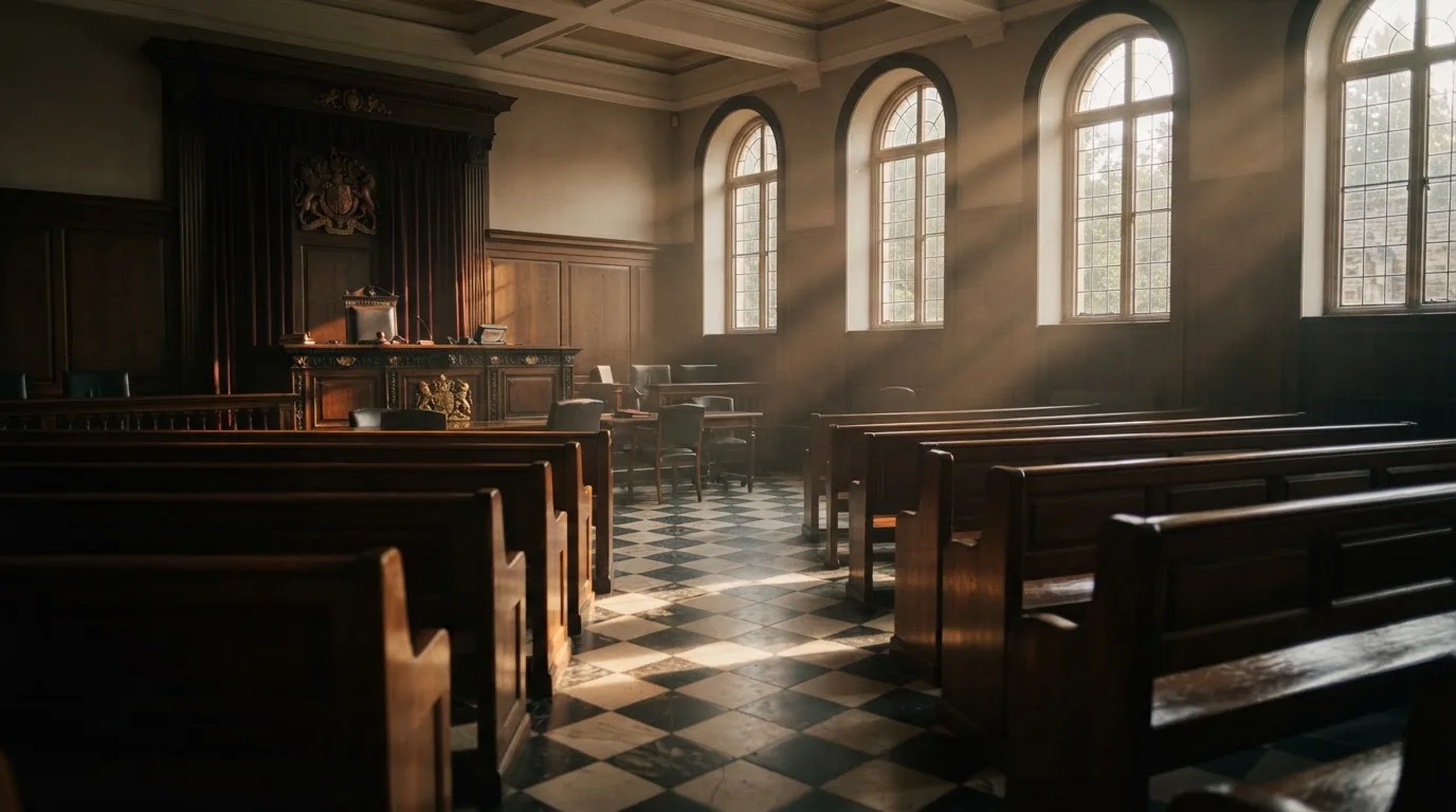 An empty courtroom with wooden benches in morning light