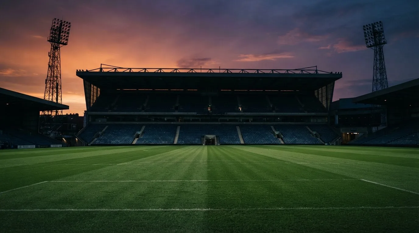 An empty football stadium with floodlight masts at dusk