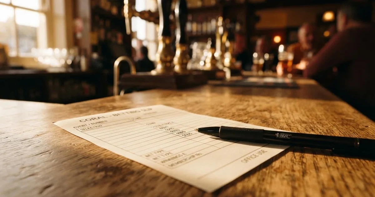 A blank paper betting slip beside a pen on a wooden counter