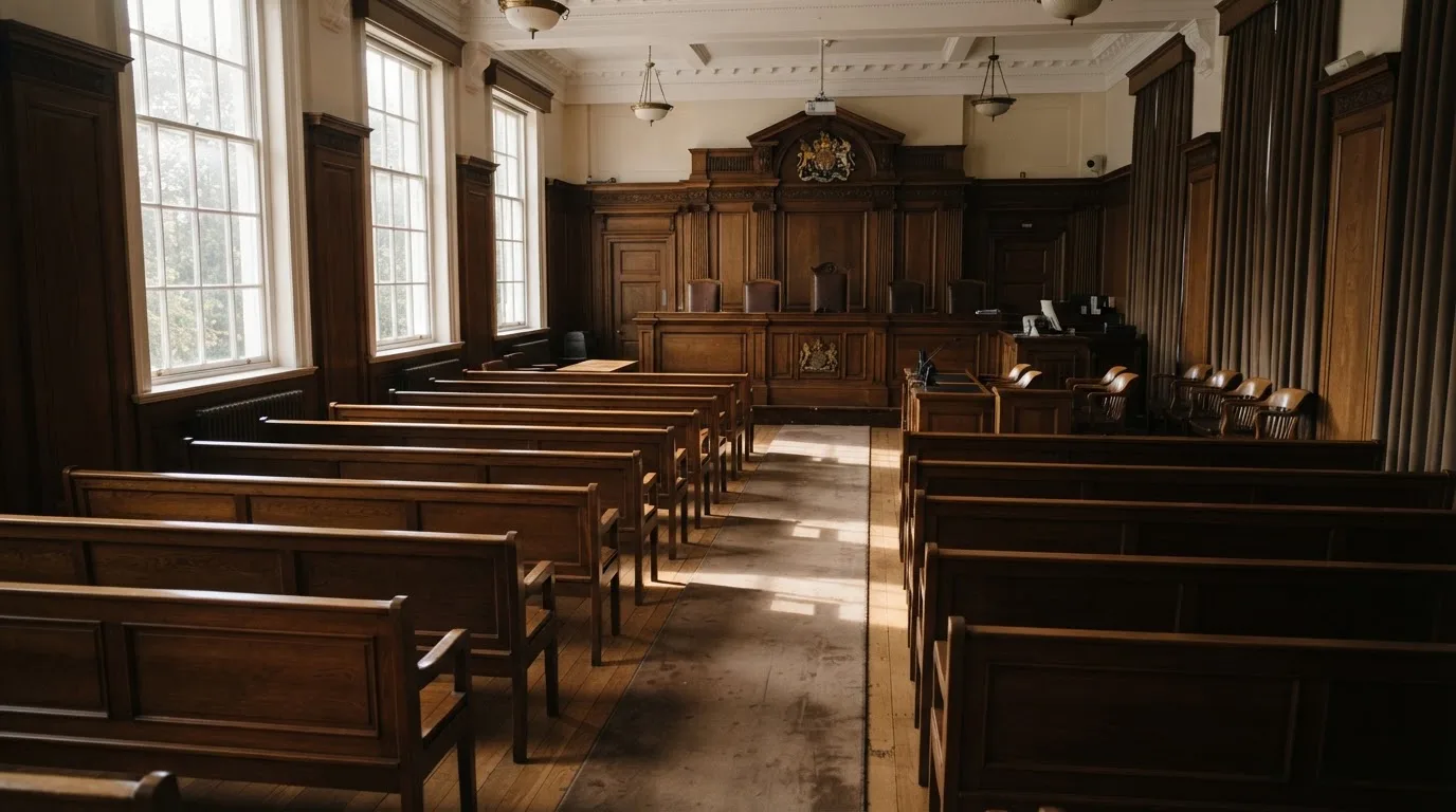 An empty courtroom with wooden benches in morning light