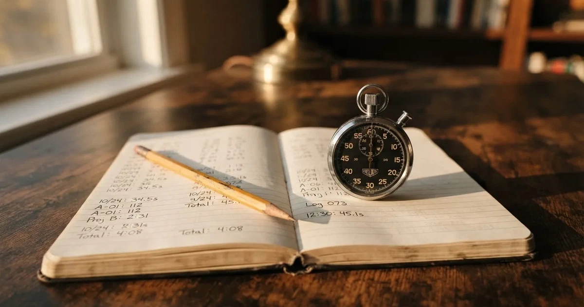 An open notebook with a pencil and a stopwatch on a wooden table