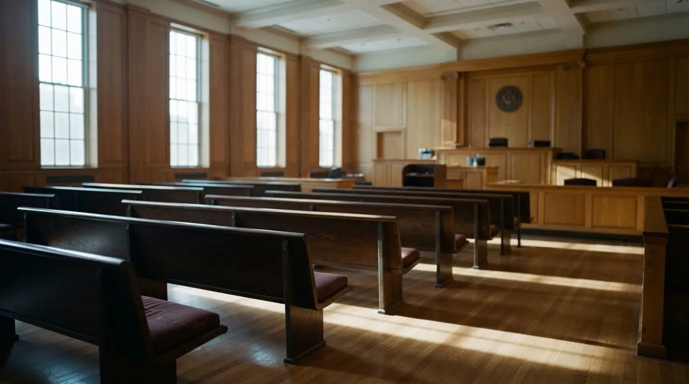 An empty courtroom with wooden benches in morning light