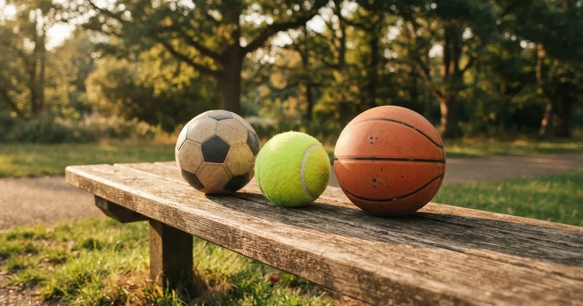 Three balls of different kinds side by side on a wooden bench