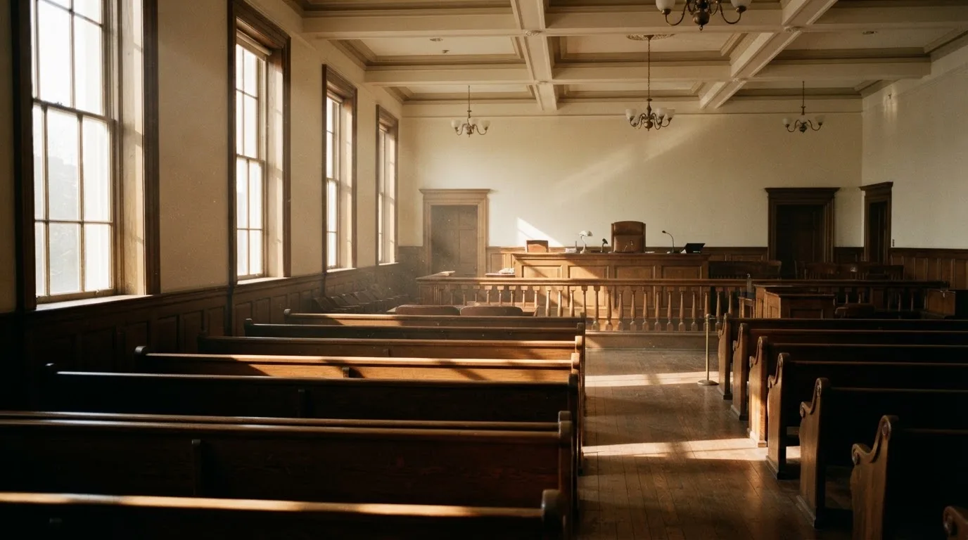 An empty courtroom with wooden benches in morning light