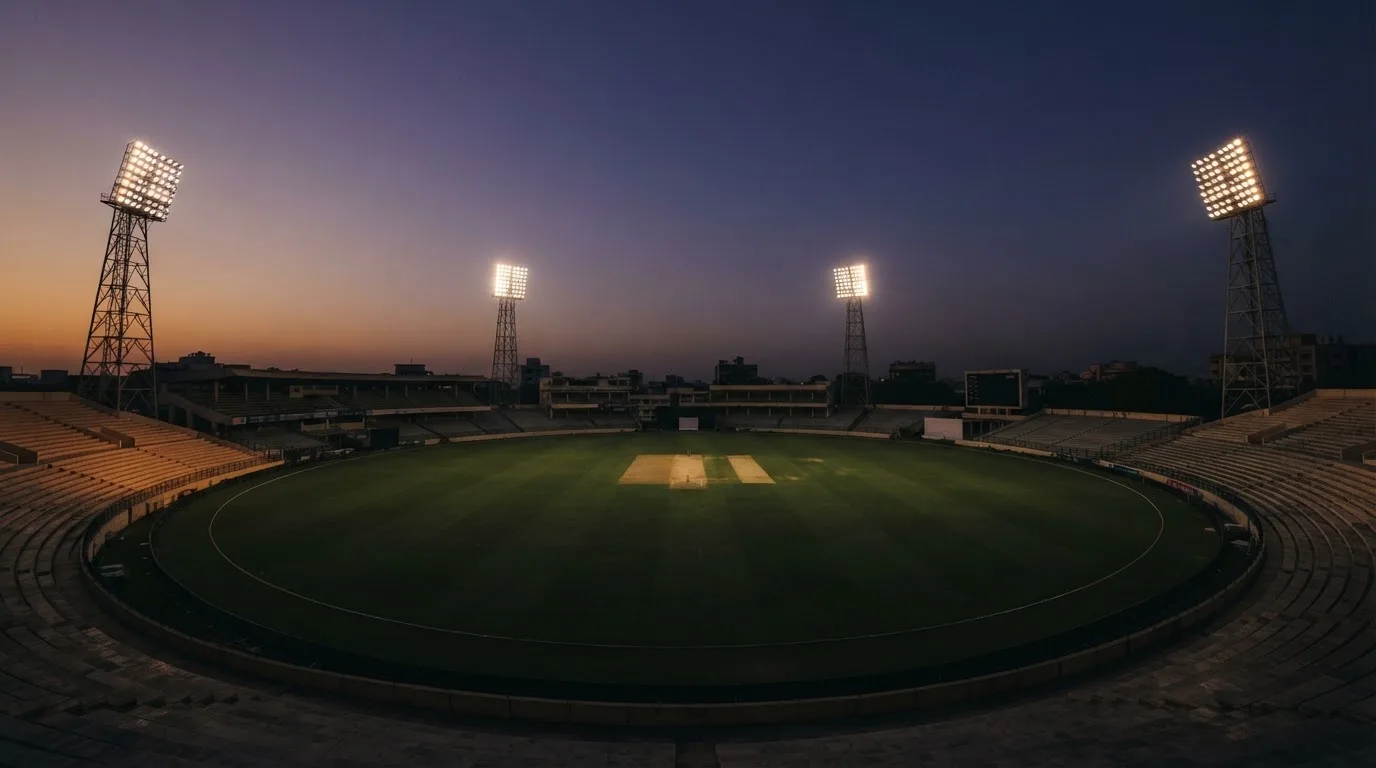 An empty football stadium with floodlight masts at dusk
