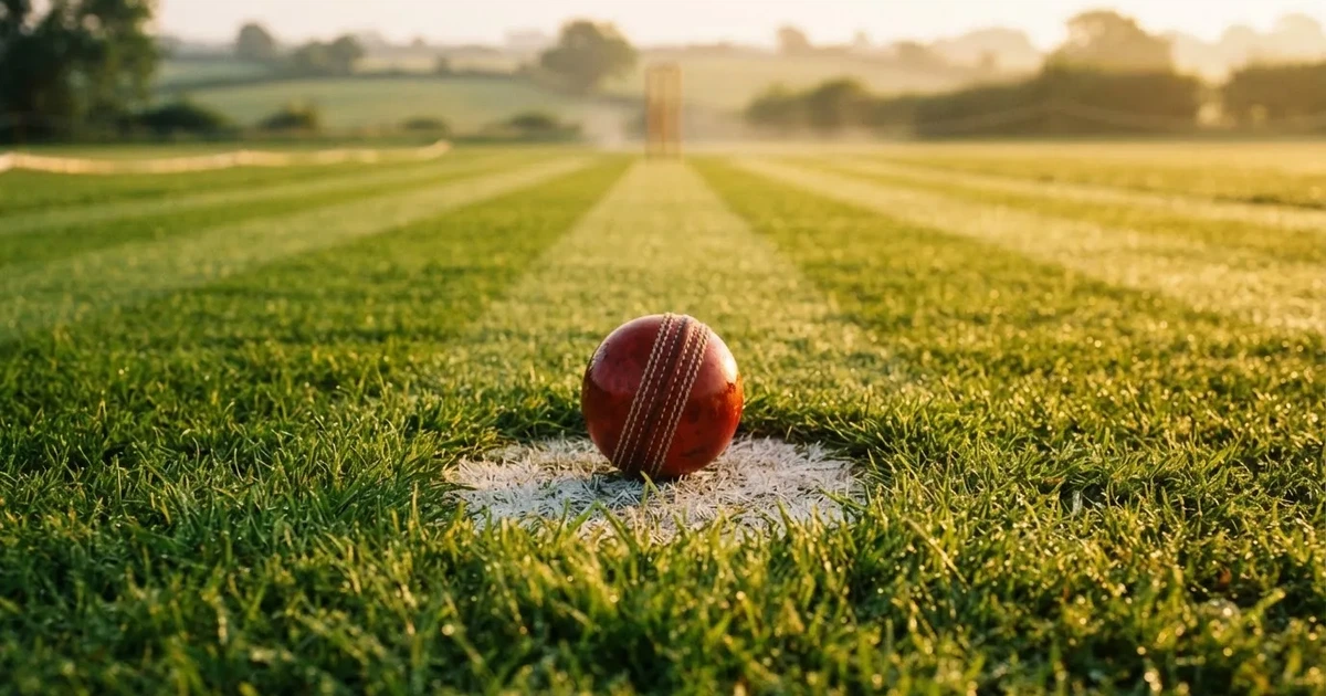 A ball on the centre spot of a grass pitch in morning light