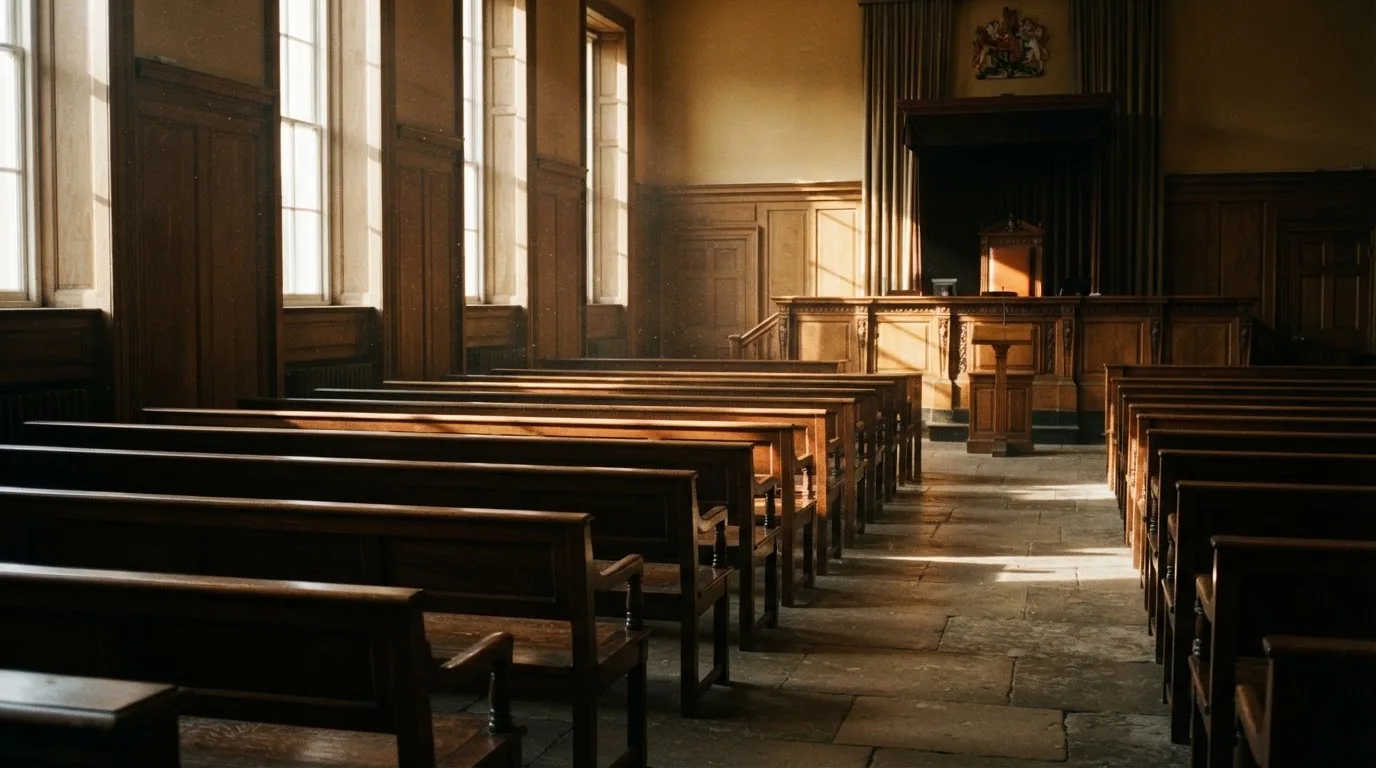 An empty courtroom with wooden benches in morning light