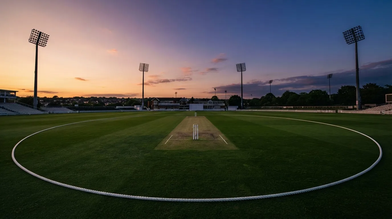An empty football stadium with floodlight masts at dusk