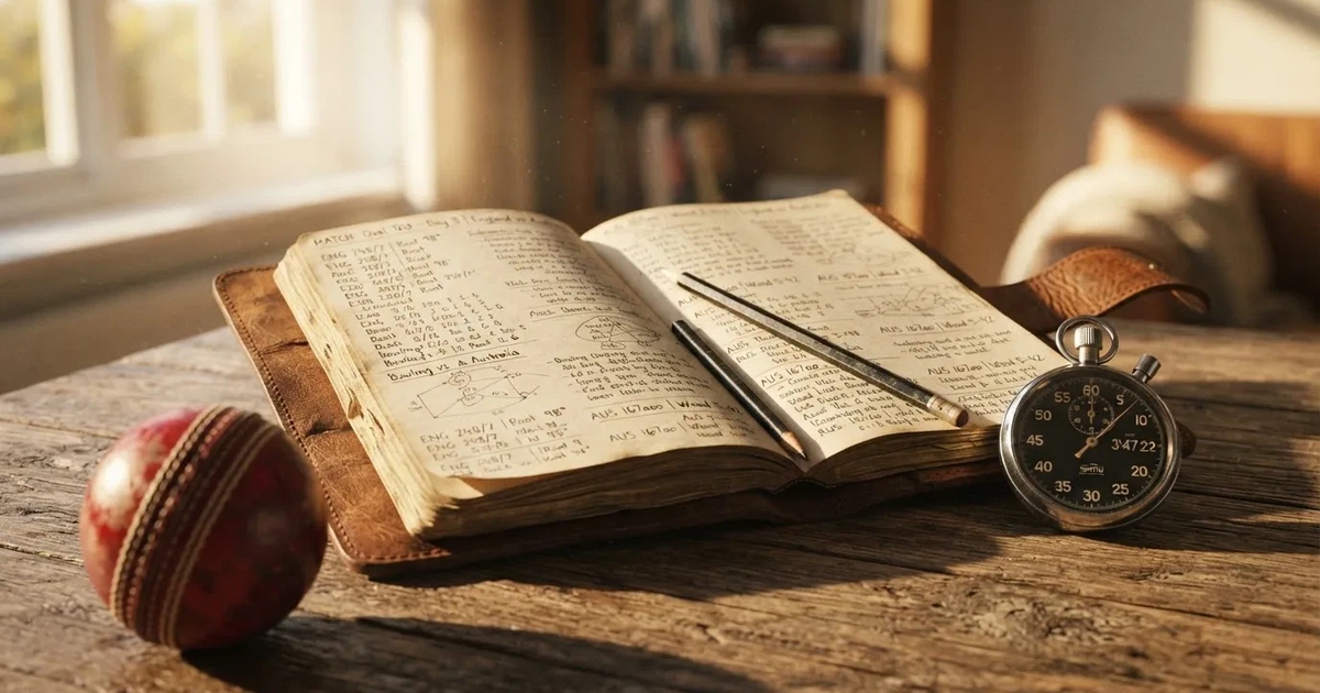 An open notebook with a pencil and a stopwatch on a wooden table