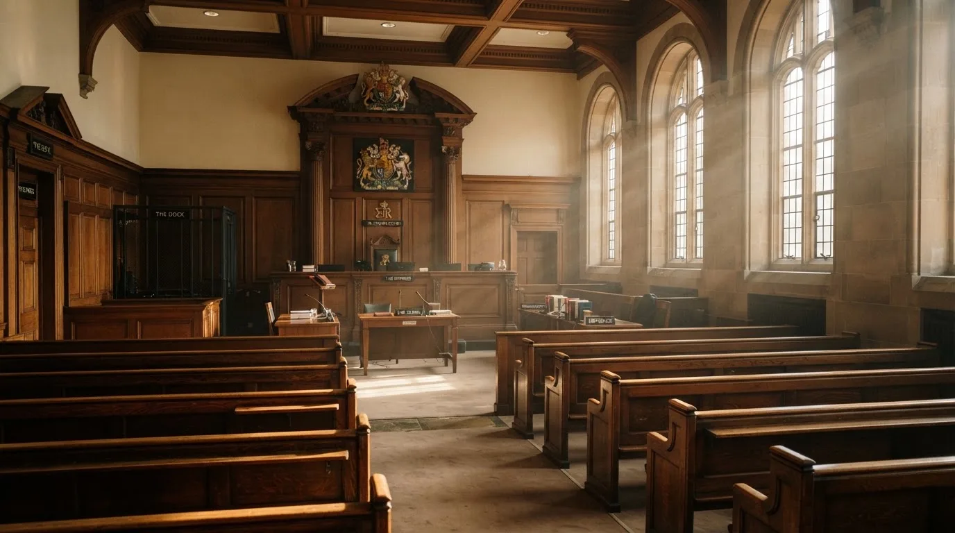 An empty courtroom with wooden benches in morning light