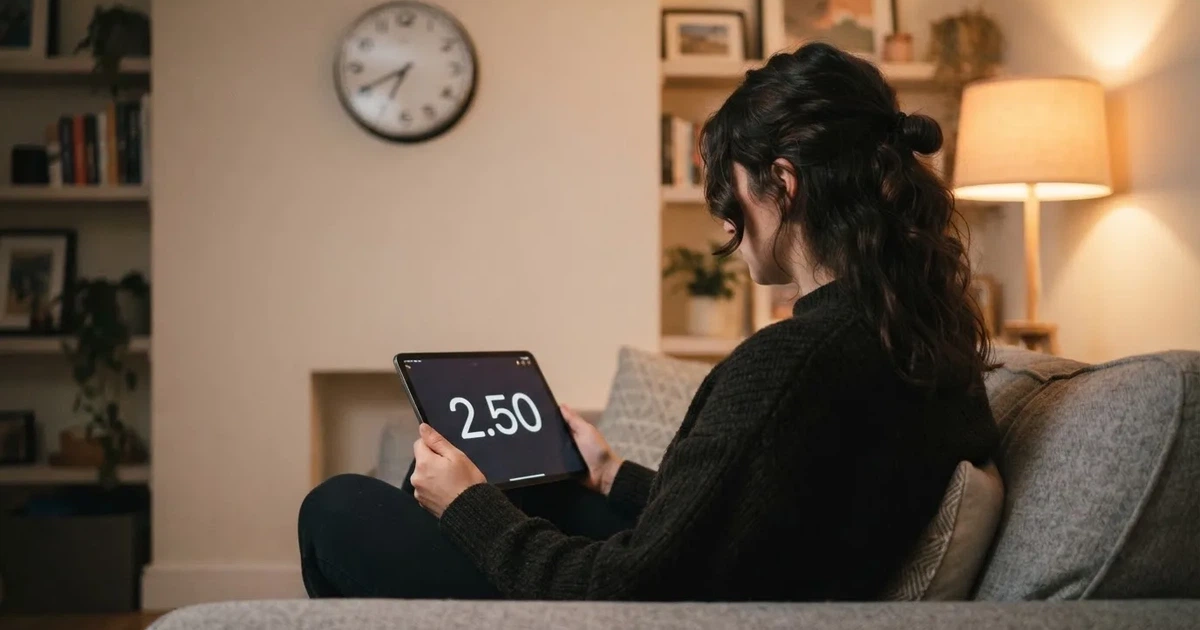 A person on a sofa looking thoughtfully at a tablet, a wall clock in the background