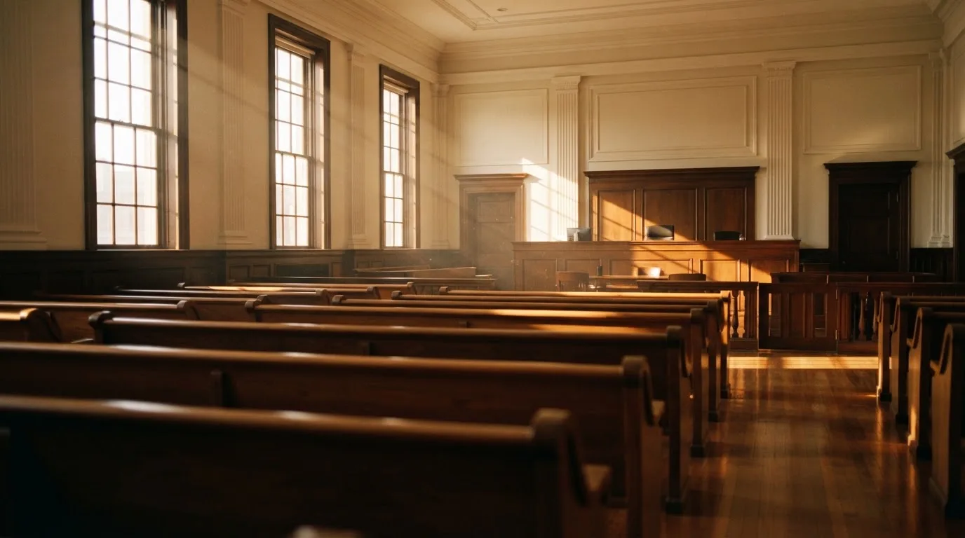 An empty courtroom with wooden benches in morning light