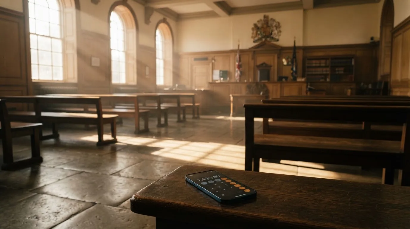 An empty courtroom with wooden benches in morning light