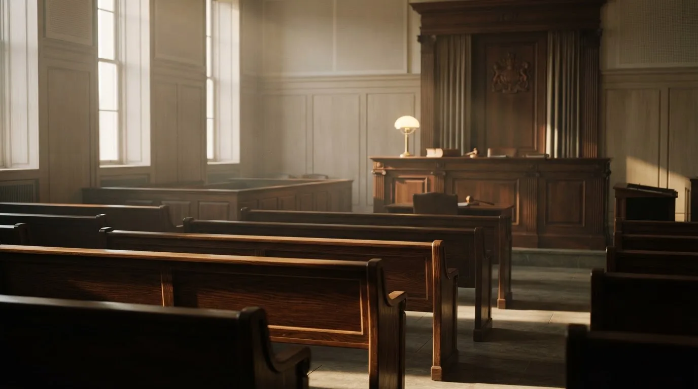 An empty courtroom with wooden benches in morning light