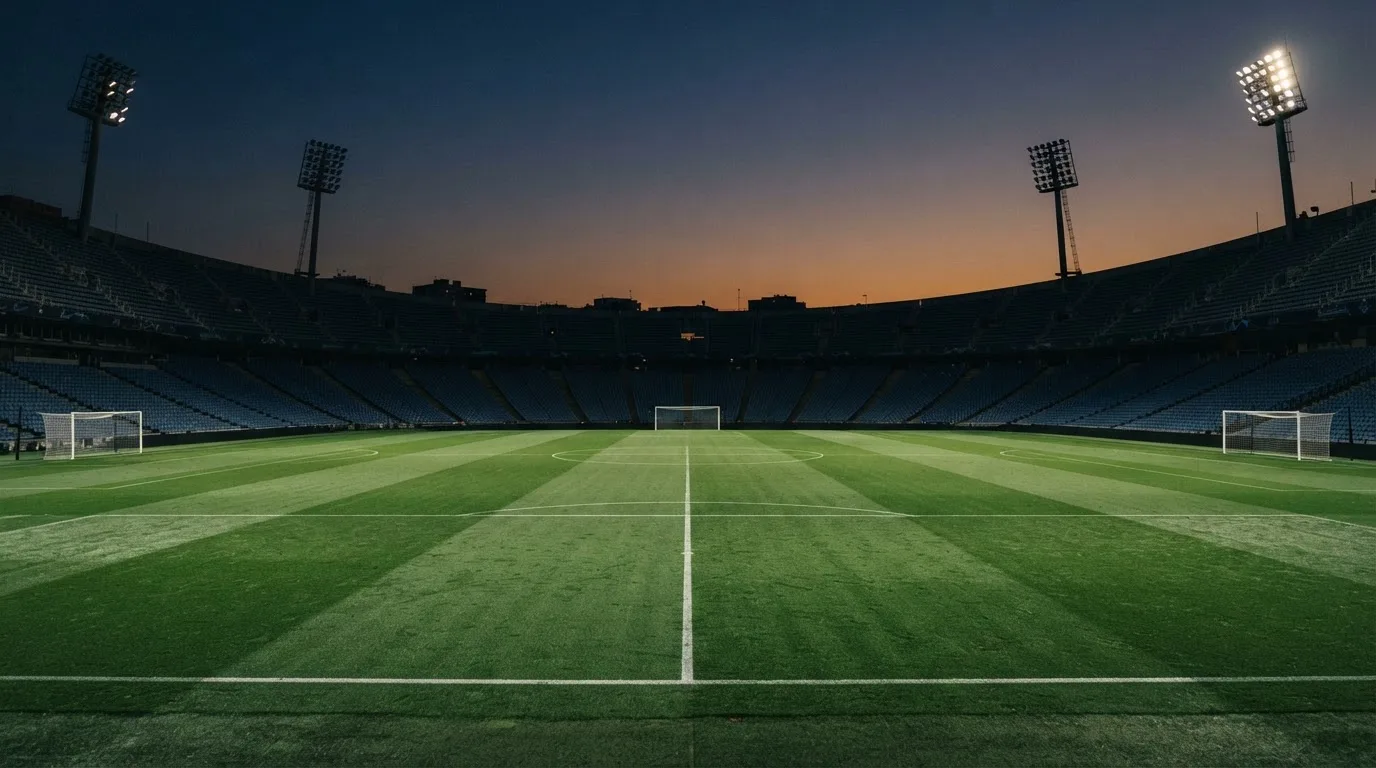 An empty football stadium with floodlight masts at dusk