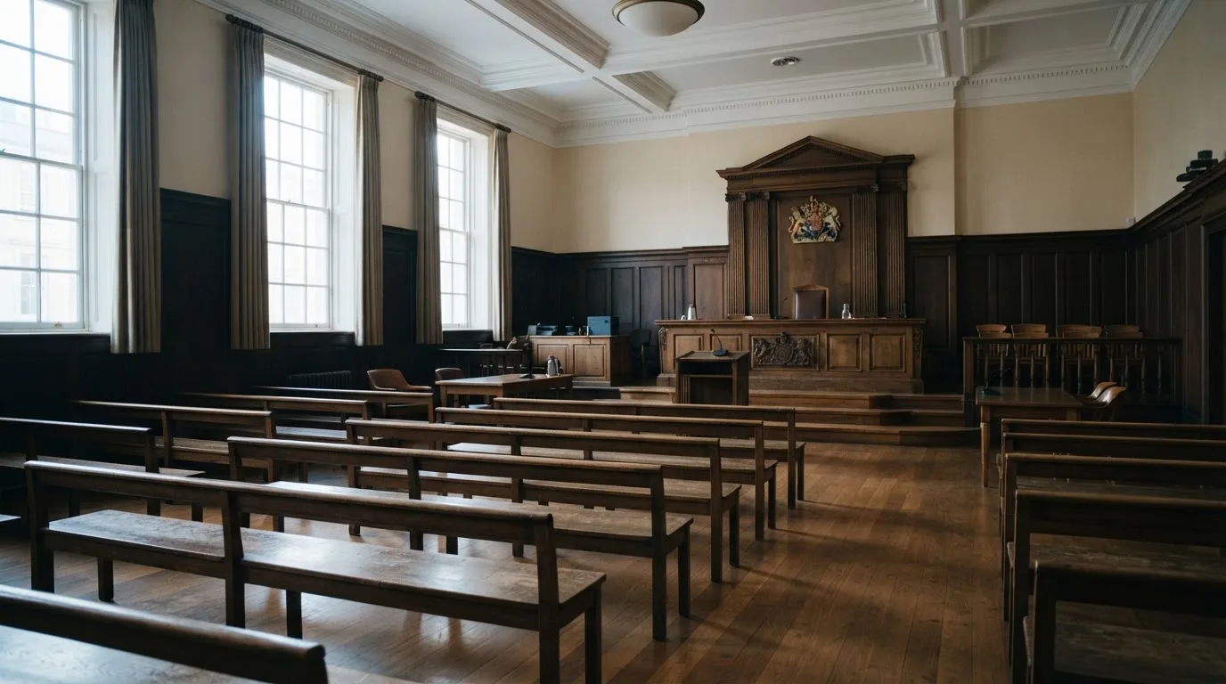 An empty courtroom with wooden benches in morning light