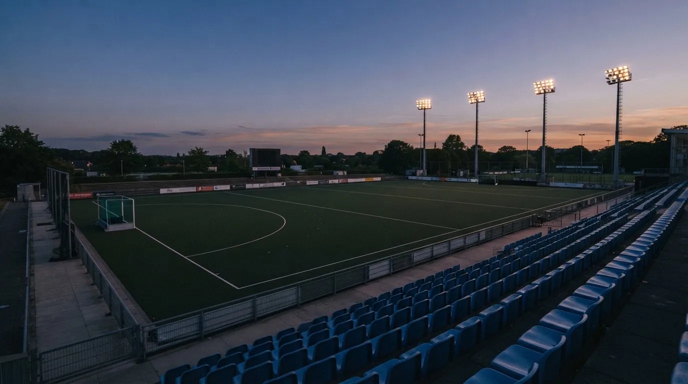 An empty football stadium with floodlight masts at dusk