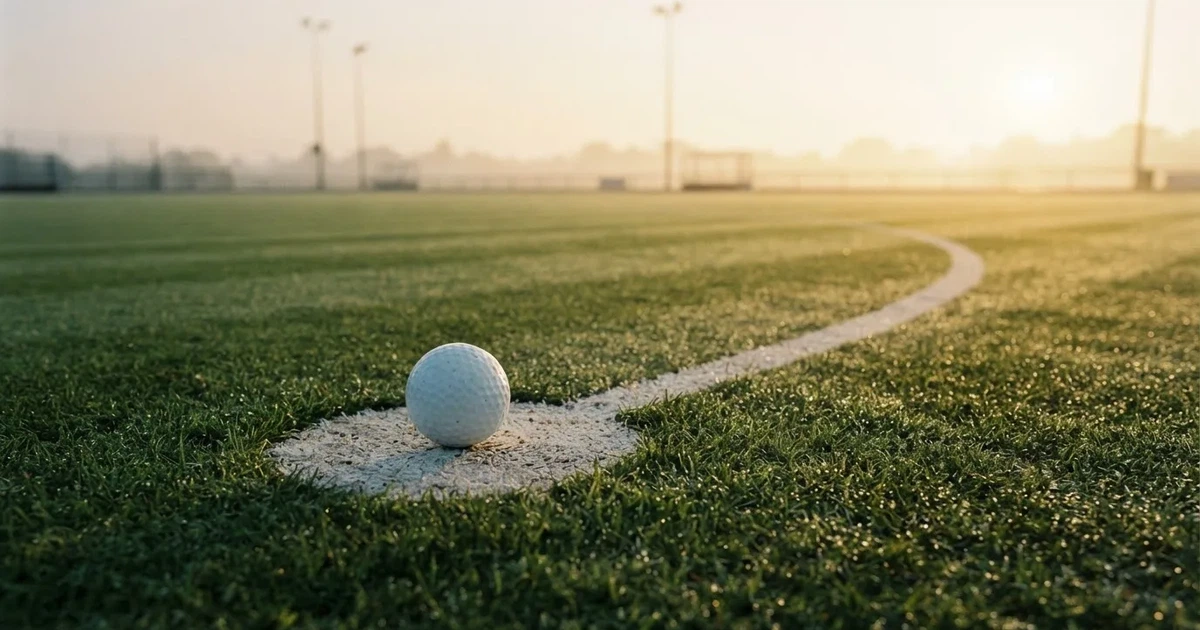 A ball on the centre spot of a grass pitch in morning light