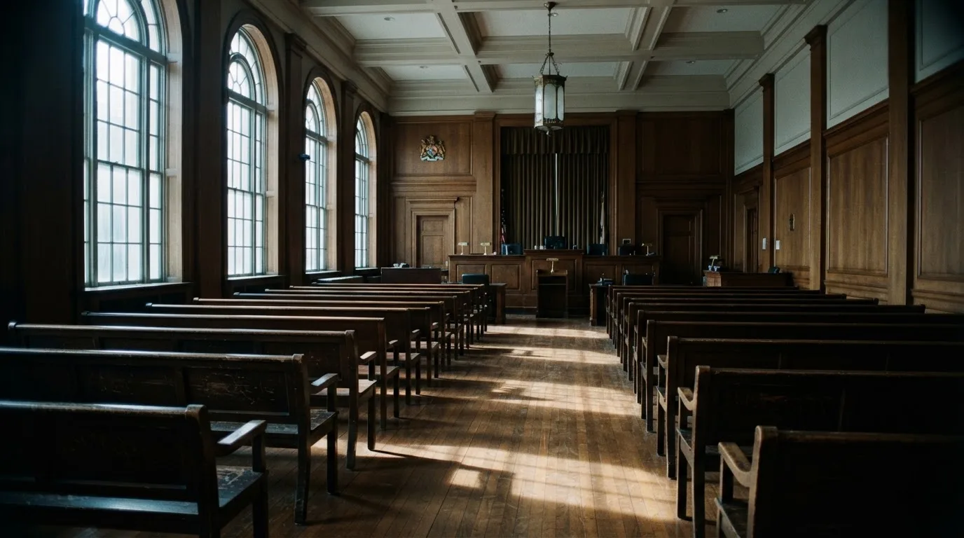An empty courtroom with wooden benches in morning light