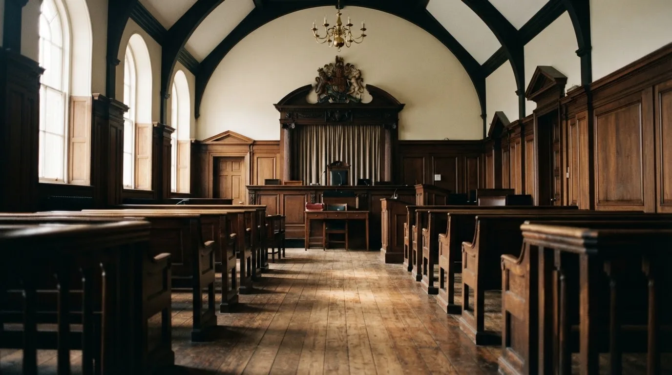 An empty courtroom with wooden benches in morning light