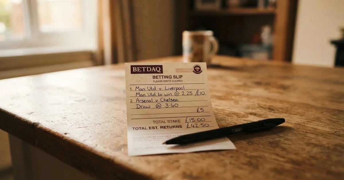 A blank paper betting slip beside a pen on a wooden counter