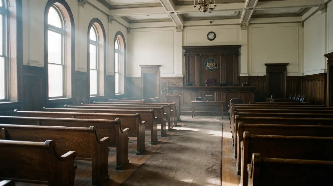 An empty courtroom with wooden benches in morning light