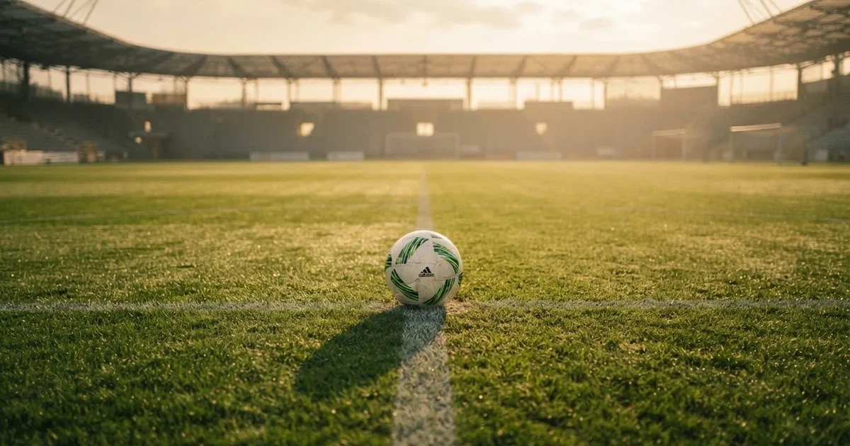 A ball on the centre spot of a grass pitch in morning light