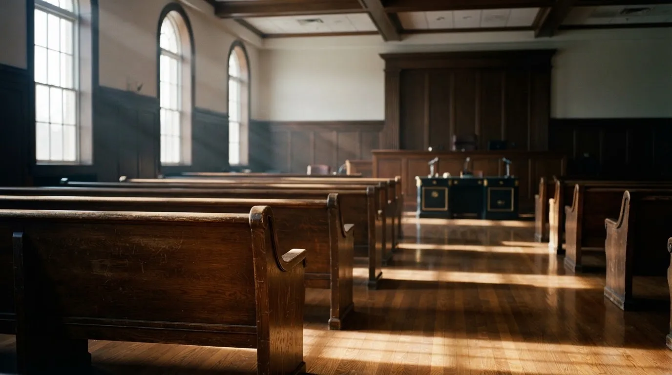 An empty courtroom with wooden benches in morning light