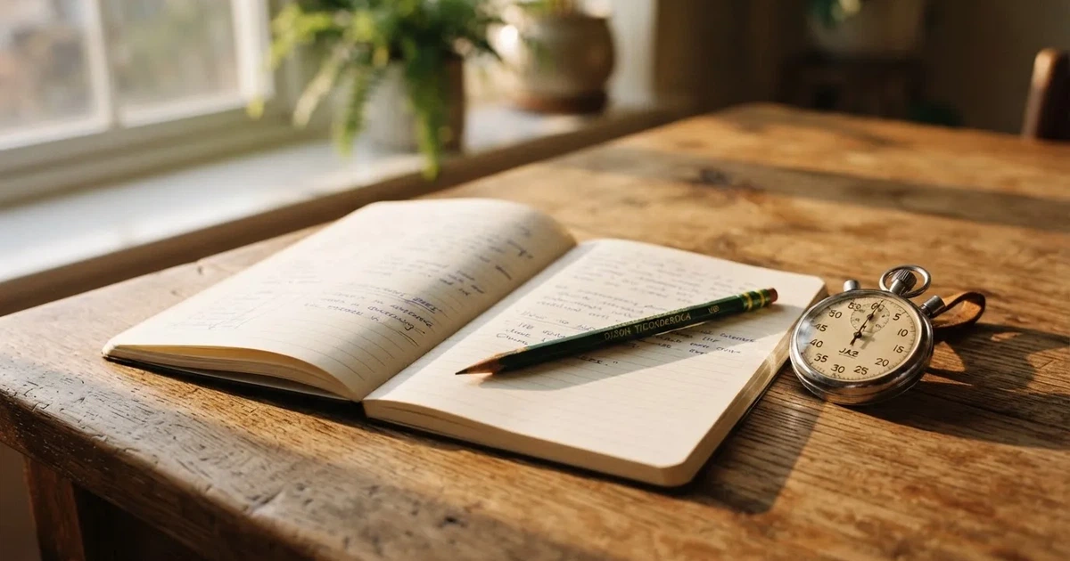 An open notebook with a pencil and a stopwatch on a wooden table