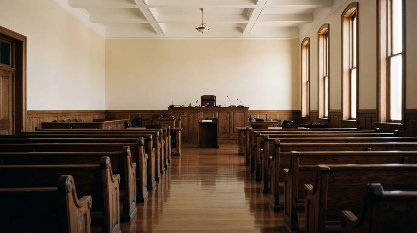 An empty courtroom with wooden benches in morning light