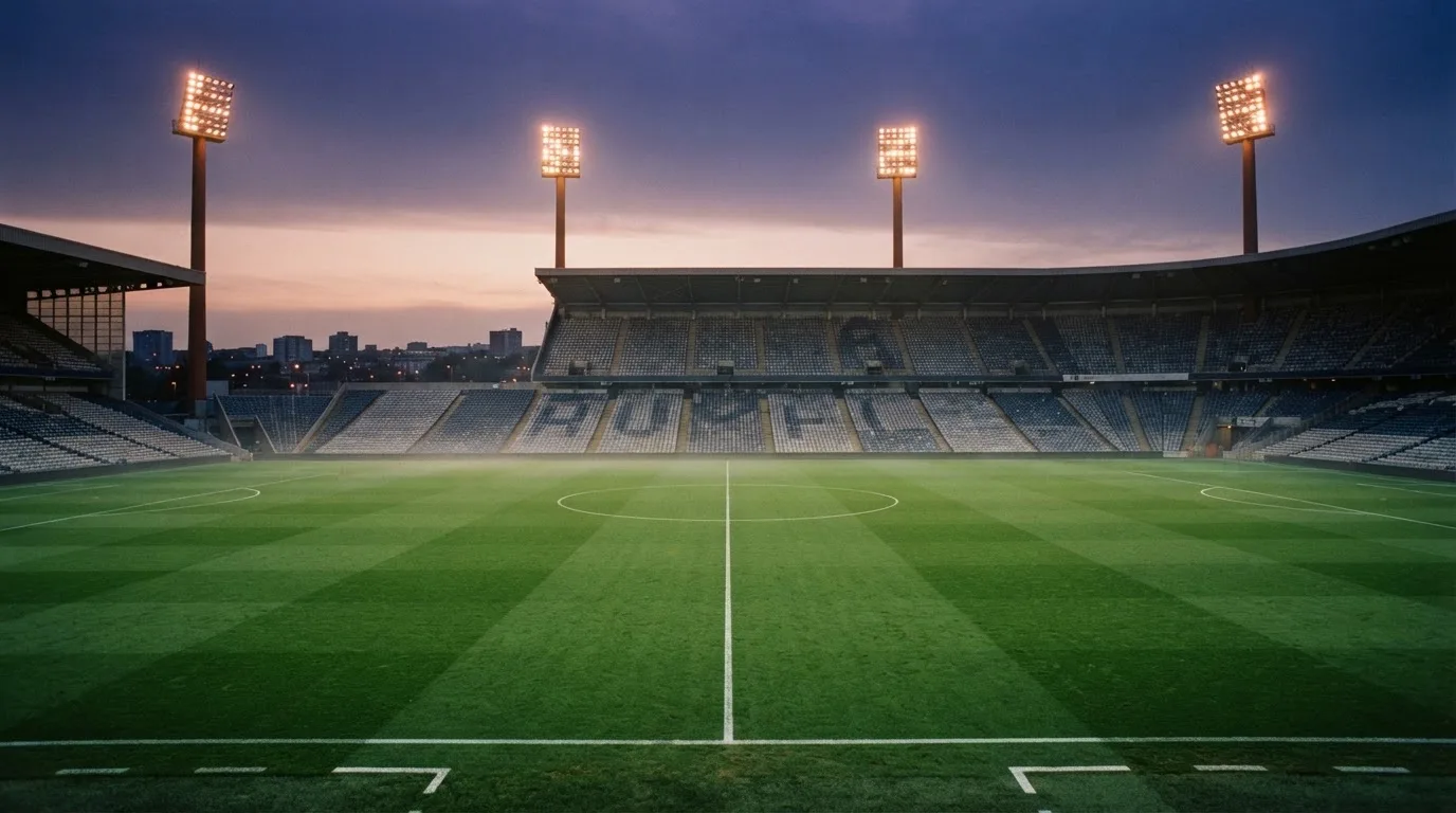 An empty football stadium with floodlight masts at dusk