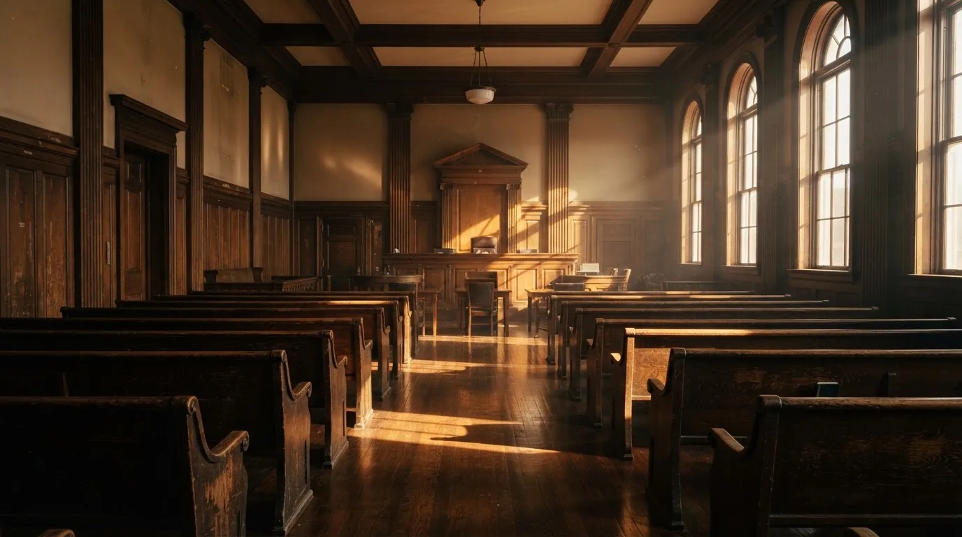 An empty courtroom with wooden benches in morning light