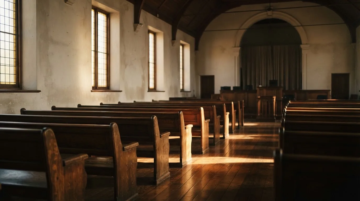 An empty courtroom with wooden benches in morning light