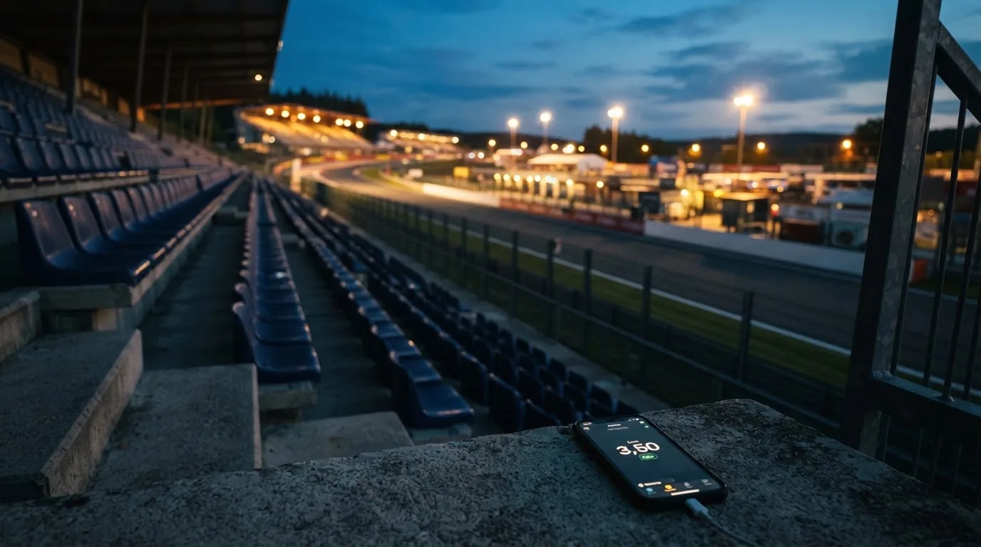 An empty football stadium with floodlight masts at dusk