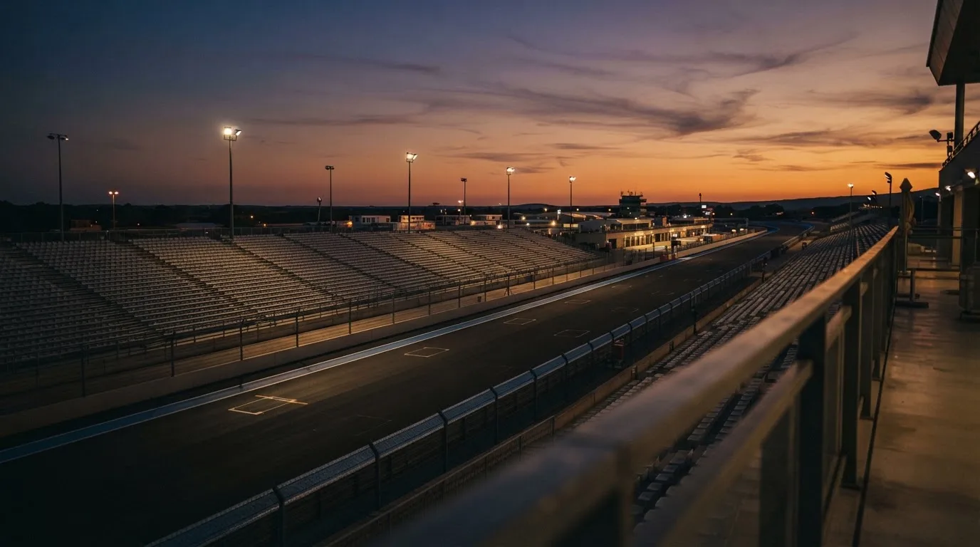 An empty football stadium with floodlight masts at dusk